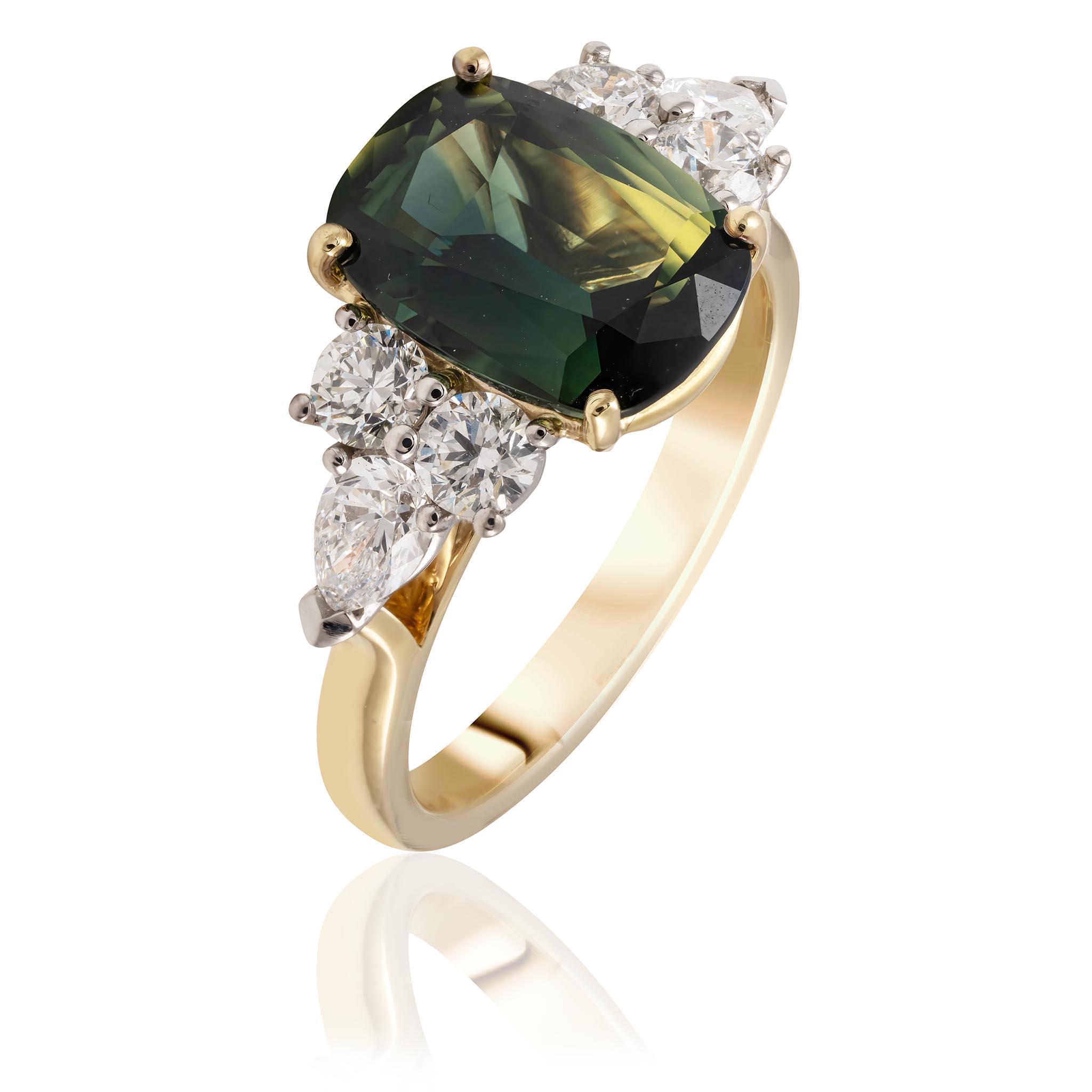 Bluish Green Sapphire Ring - Pear 3.18 Ct. - 14K Yellow Gold